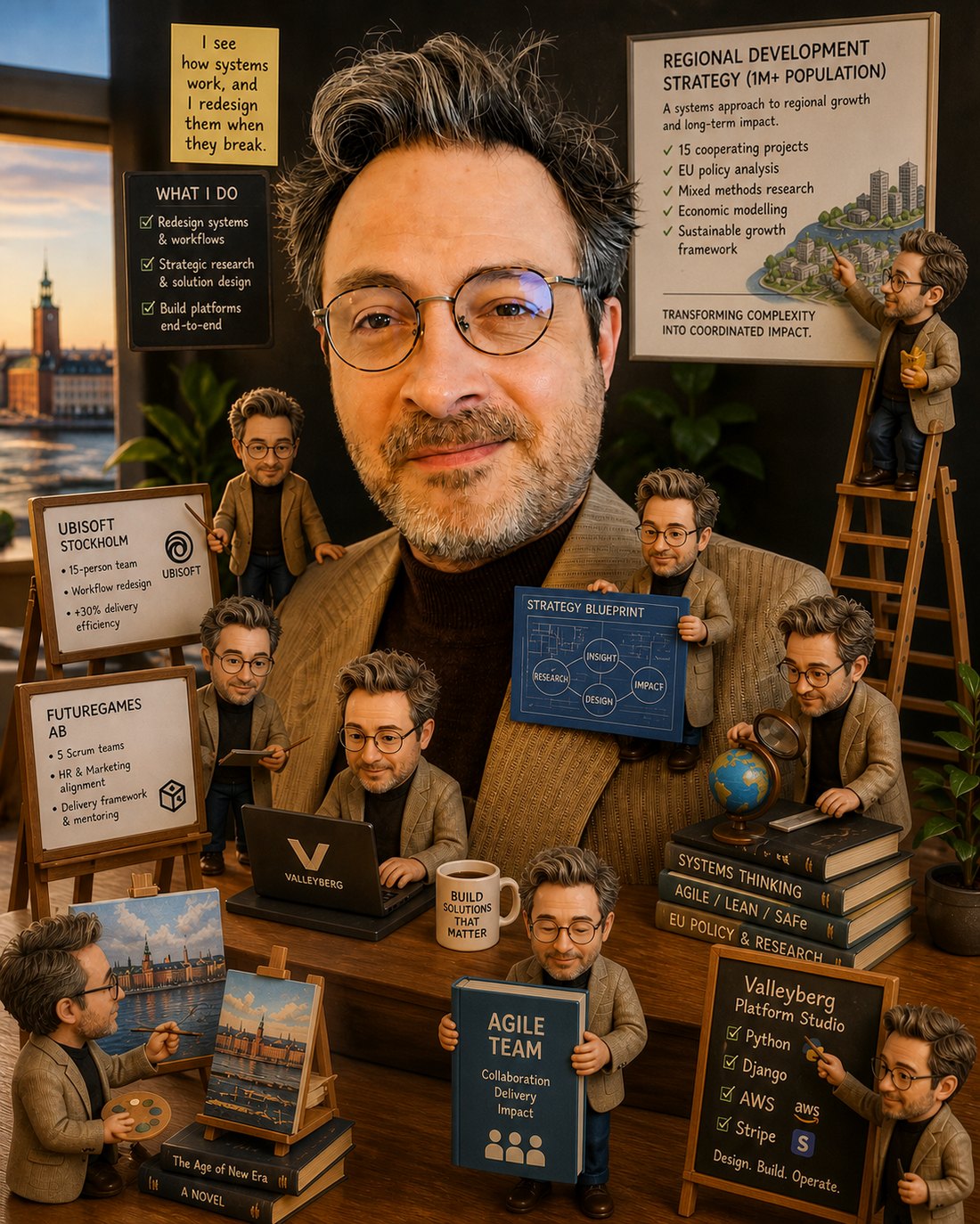 Illustrated scene showing Rafal at work — Stockholm, books, strategy boards, Valleyberg laptop, mug, painting, regional development map